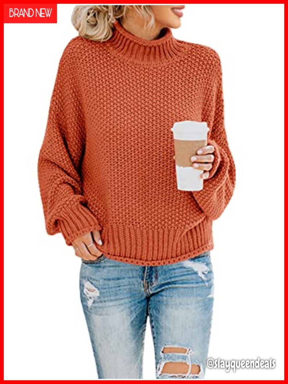Oversized Turtleneck Sweater Batwing Long Sleeve Chunky Knit Pullover
